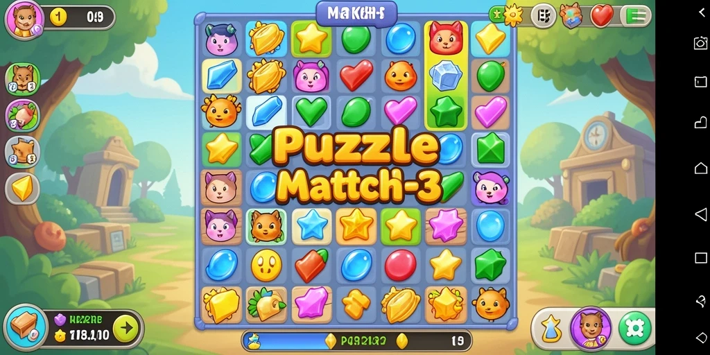 Tampilan antarmuka KAKRP dengan elemen Puzzle Match-3 yang menarik.